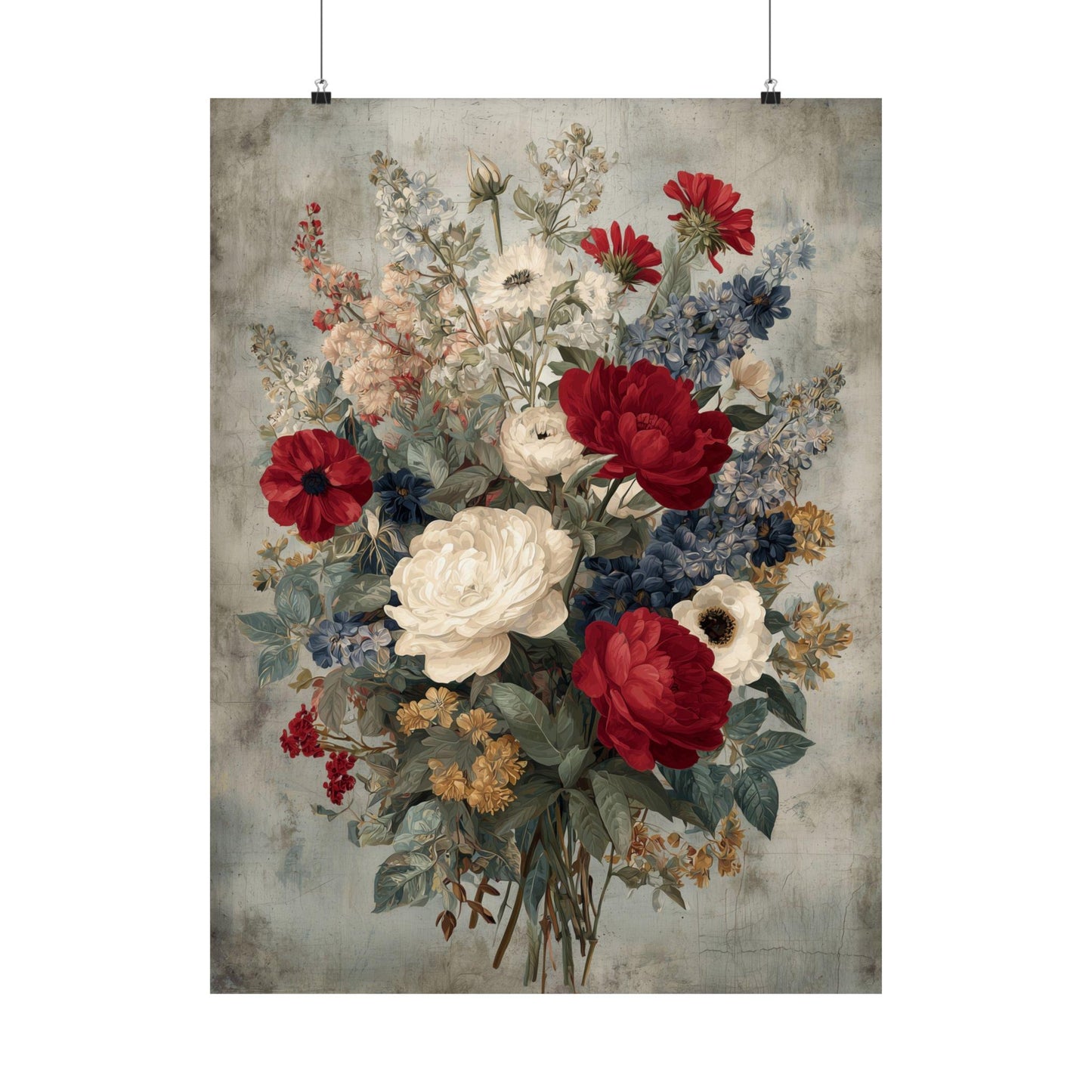 Patriotic Floral Wall Art, Red White Blue Canvas Print, Vintage Americana Flower
