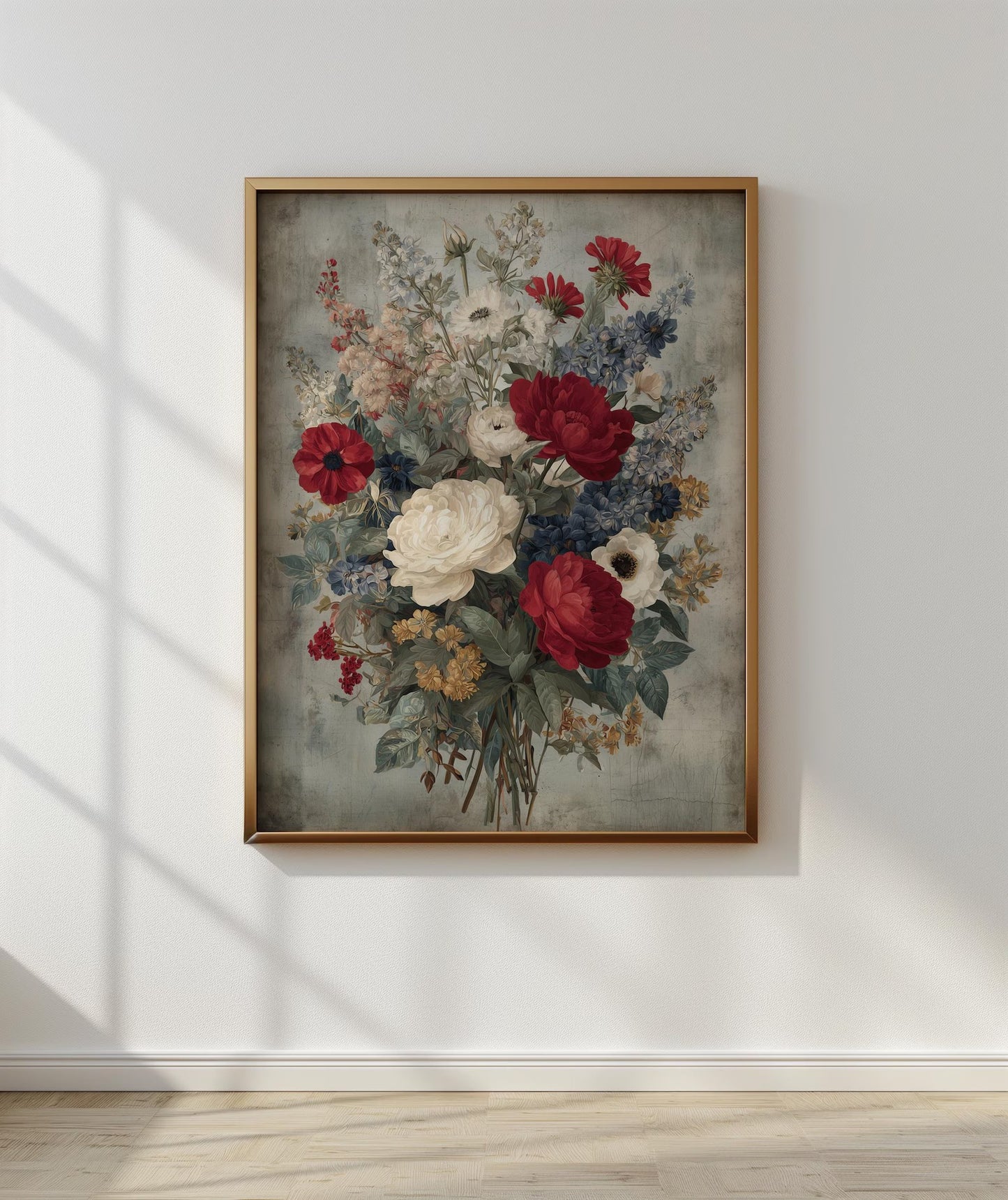 Patriotic Floral Wall Art, Red White Blue Canvas Print, Vintage Americana Flower