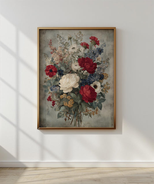 Patriotic Floral Wall Art, Red White Blue Canvas Print, Vintage Americana Flower