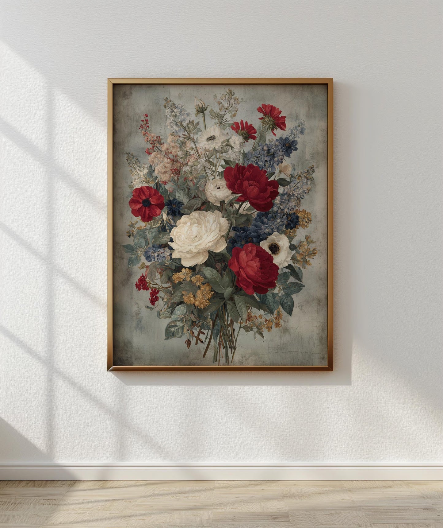 Patriotic Floral Wall Art, Red White Blue Canvas Print, Vintage Americana Flower