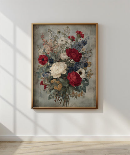 Patriotic Floral Wall Art, Red White Blue Canvas Print, Vintage Americana Flower