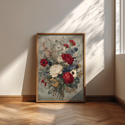 Patriotic Floral Wall Art, Red White Blue Canvas Print, Vintage Americana Flower