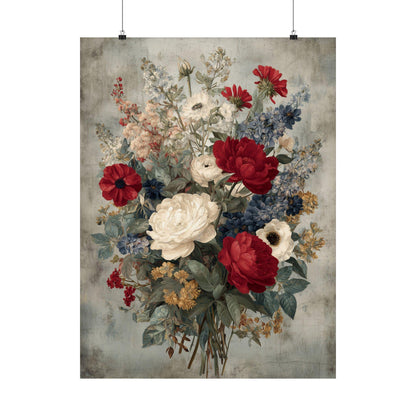 Patriotic Floral Wall Art, Red White Blue Canvas Print, Vintage Americana Flower